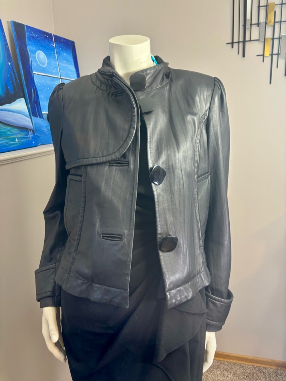 Peter Nygard Black Leather Button-Front Women's Jacket, size S